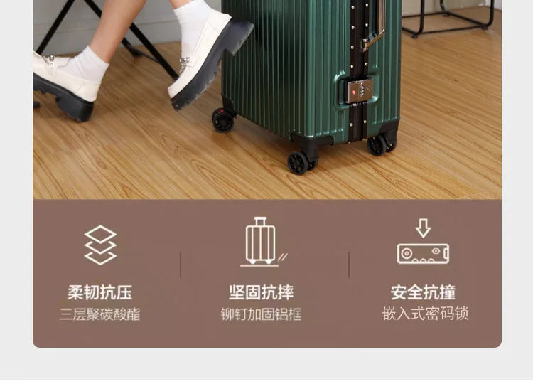 Aluminum Frame Leather Trolley Case — 20"/24"/26"/28" Universal Wheels