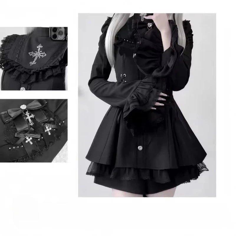 Japanese Gothic Lolita Mini Dress — Harajuku Y2K Bow Lace Ruffle Party Dress