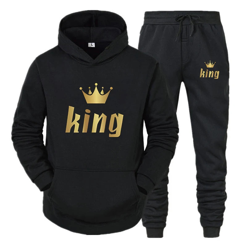 King & Queen Print Hoodie & Pants Set – Couple Autumn Winter Long Sleeve 2-Piece Suit
