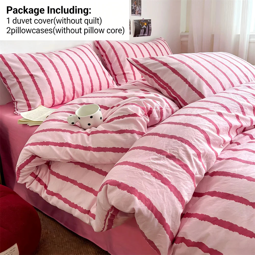 Pink Striped Duvet Cover Set – 3-Piece Soft Washed Cotton Bedding for Girls, 150x200cm