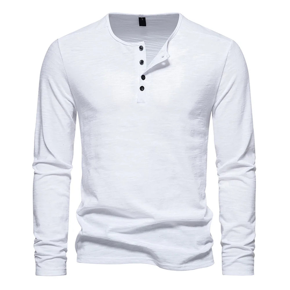 Men's Cotton Slim Fit Long Sleeve T-Shirt — Button Neck Casual Fitness Tee