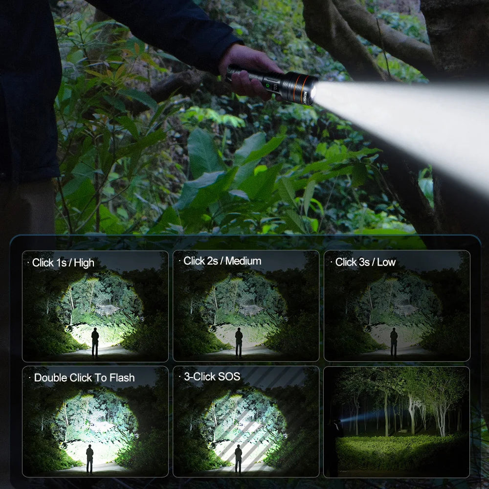 2500 Lumen Long Range LED Flashlight – IPX7 Waterproof, Type-C, 5 Modes, Power Bank Function