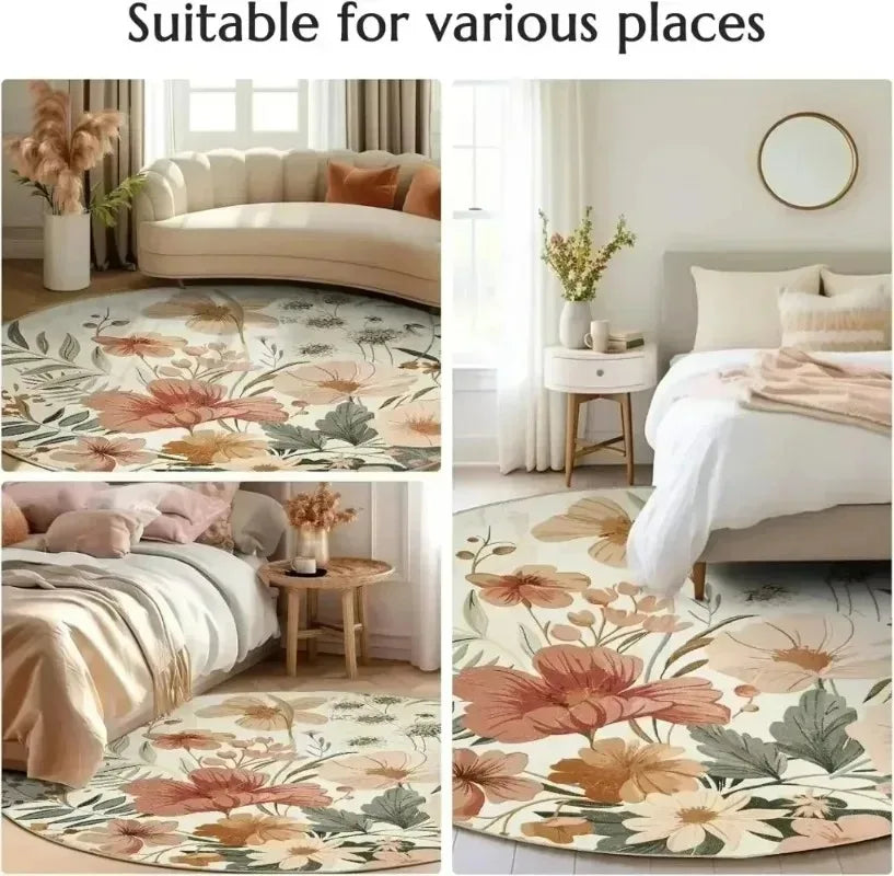 Round Woven Geometric Ethnic Rug – Non-Slip Durable Carpet for Living Room & Bedroom