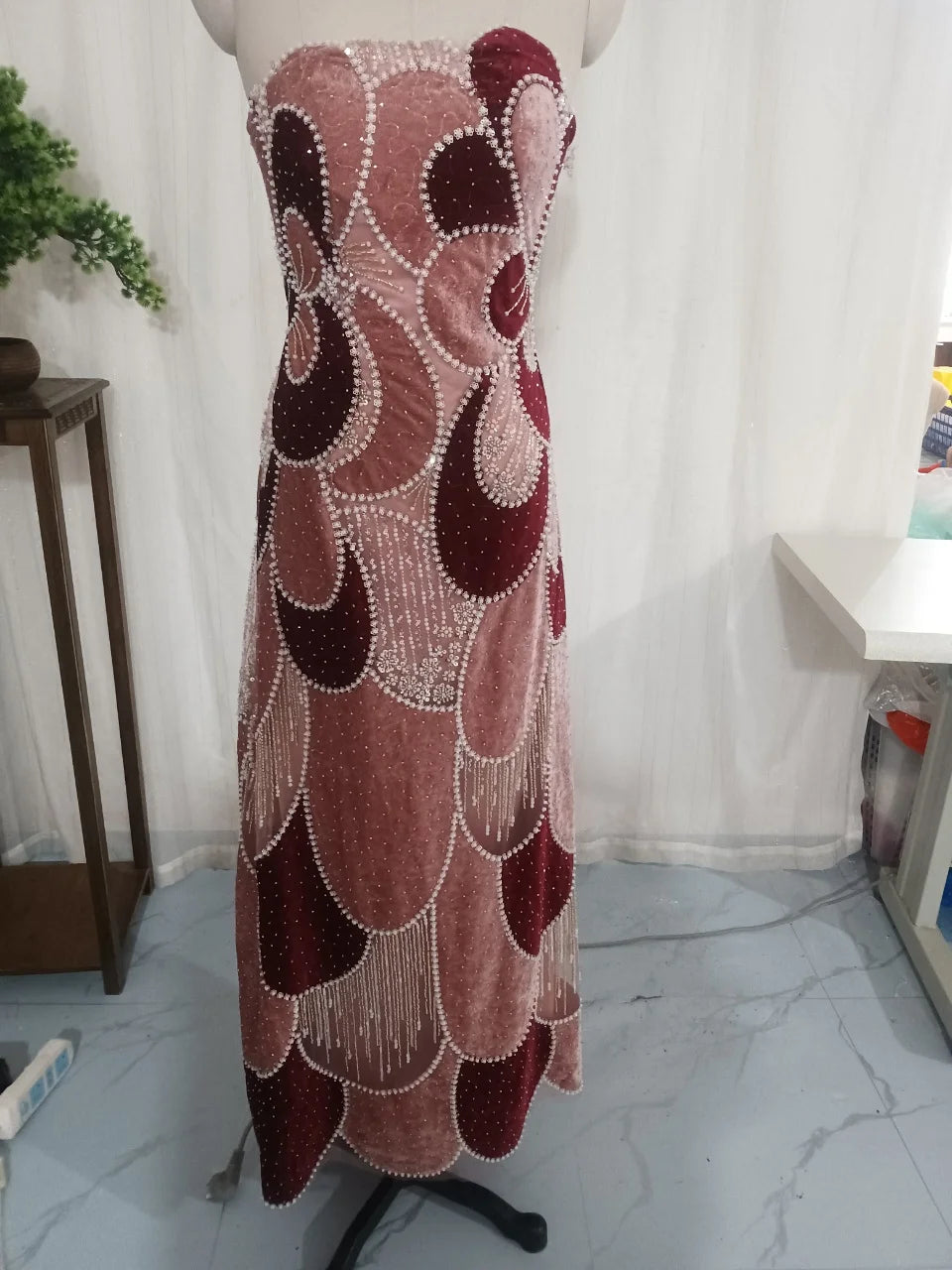 Dresses For Woman Cocktail Dress Pink Burgundy Strapless Abstract Floral Beaded Velvet Midi Gown  Vestidos De Fiesta Elegantes