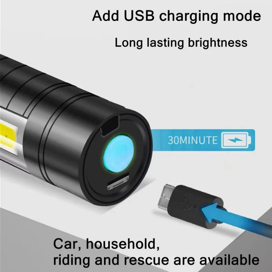 PwwQmm Mini XPE+COB Flashlight – 500 Lumen, Zoomable, 3-Mode, USB Rechargeable, Waterproof Camping Light
