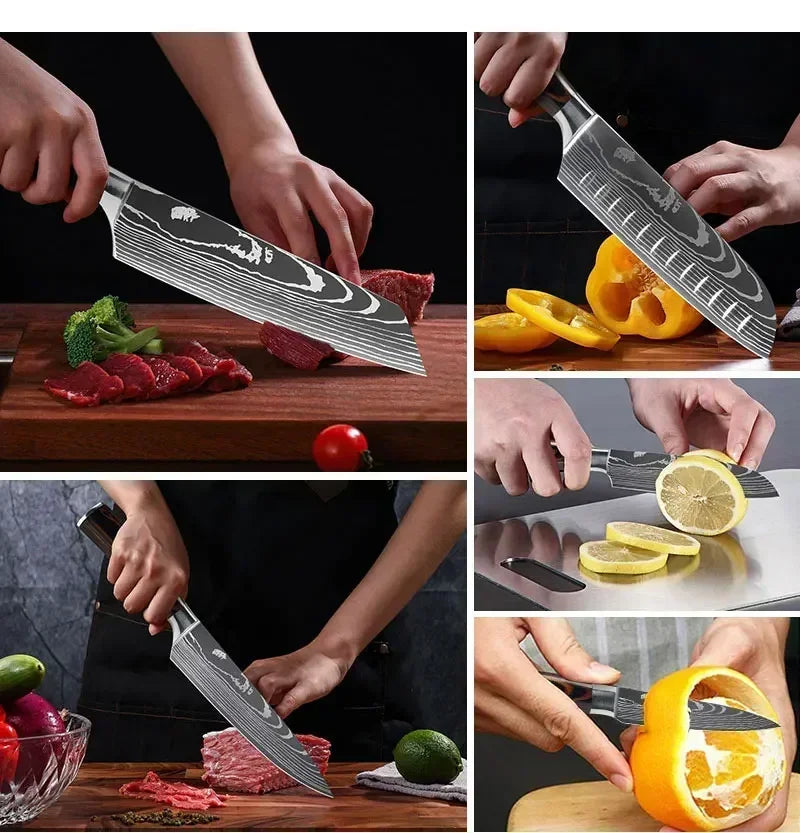 Damascus Kitchen Knife Set — Japanese Santoku, Cleaver, Slicing & Boning Knives