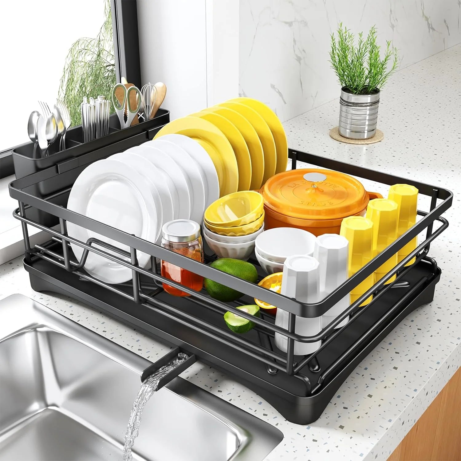 Large Dish Drying Rack with Drainboard — Rustproof Dish Drainer with Utensil Holder