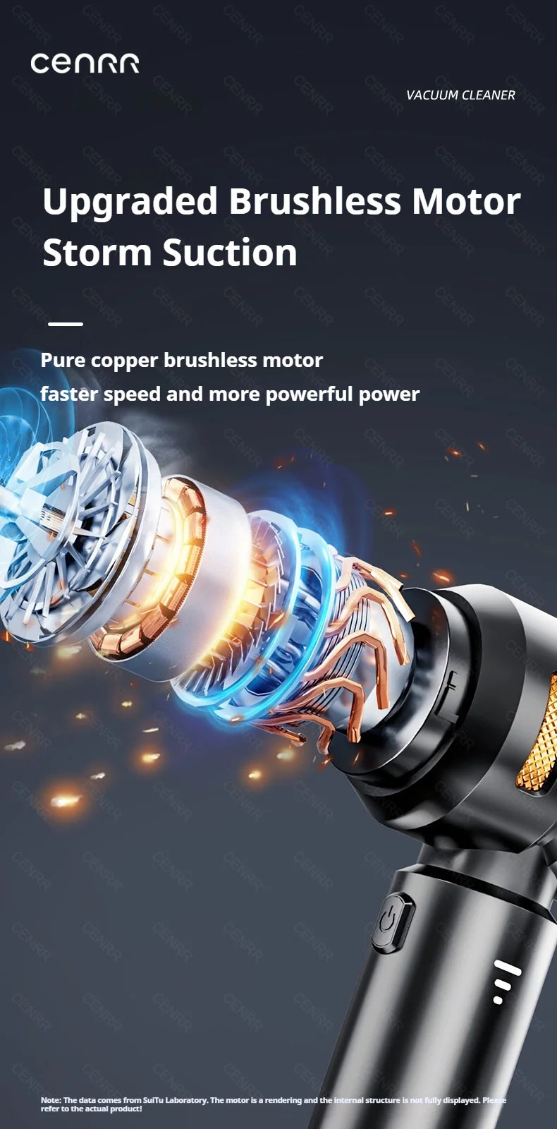CENRR Wireless Car Vacuum Cleaner — 3-Gear Brushless Motor, 6000mAh, 9 Accessories, USB-C Charging