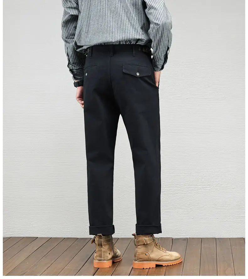 Men's Vintage Straight Leg Cotton Workwear Trousers — Loose Fit Retro Pants for Autumn & Winter