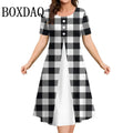 Contrast Stripe O-Neck Short Sleeve Plus Size Mini Dress — Casual Elegant Fashion Dress