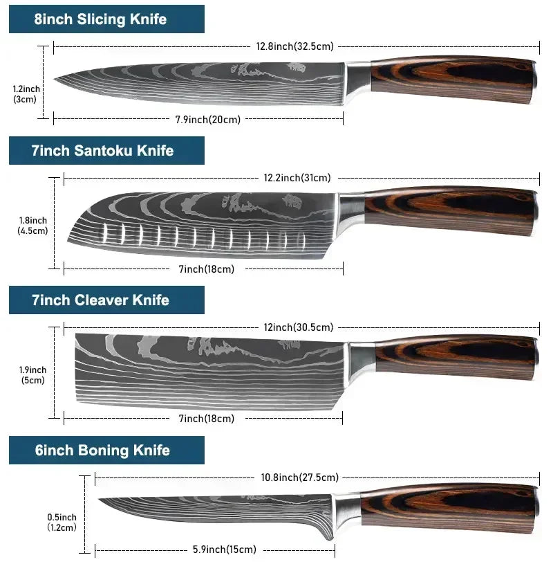 Damascus Kitchen Knife Set — Japanese Santoku, Cleaver, Slicing & Boning Knives