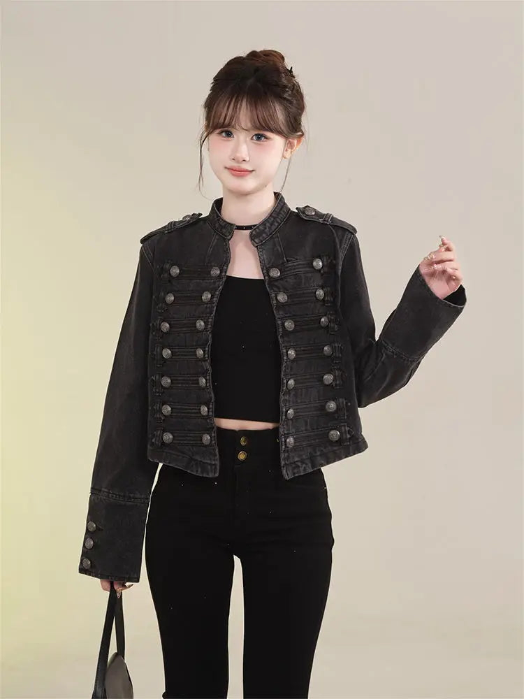 Women's Retro Button Slim Stand Collar Denim Jacket – Short Jean Coat in Black