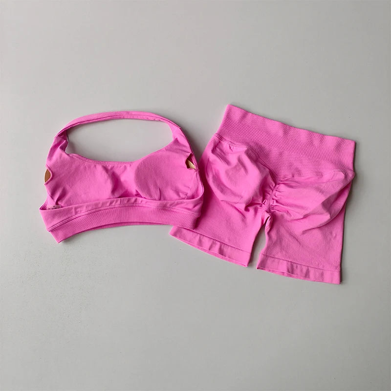 Halter Neck Sports Bra & High-Waist Shorts Yoga Set — Women’s Activewear