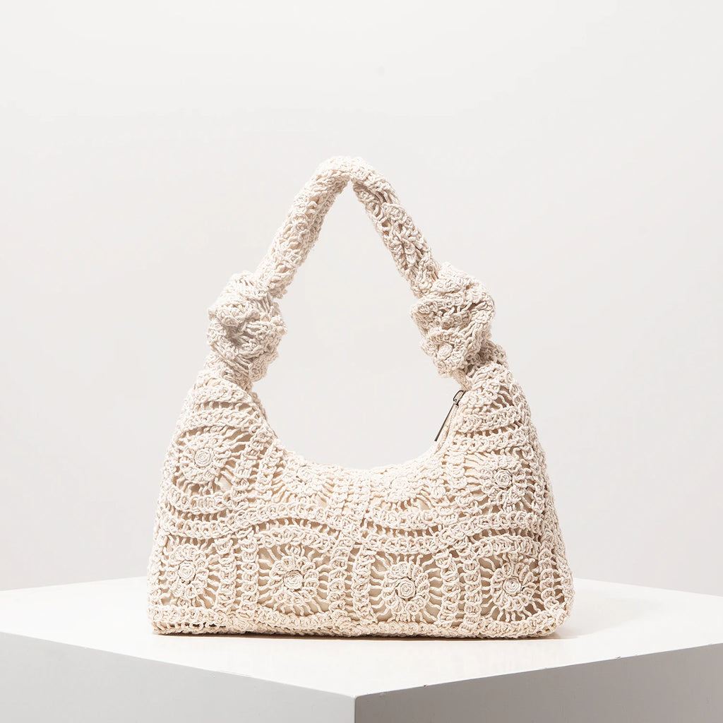 Boho Floral Half-Moon Beach Bag – Hollow-Out Polyester Shoulder Bag for Women