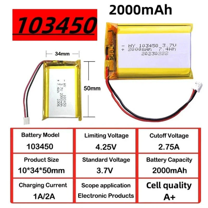 103450 3.7V 2000mAh Polymer Lithium Rechargeable Battery – JST PH 2.0mm 2-Pin for Camera GPS MP5 Bluetooth Headset