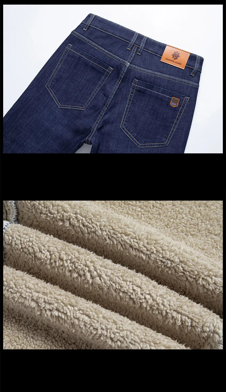 Men's Fleece-Lined Straight Denim Jeans — Warm Thick Winter Stretch Jeans