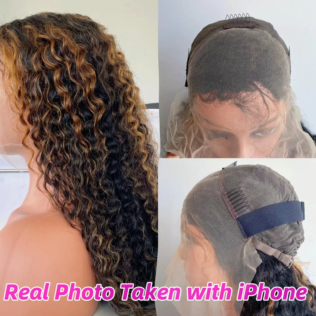 250 Density Curly 1B/30 Highlight Ombre Human Hair Wigs 13x6 HD Lace Frontal Wig Pre Plucked Brazilian Deep Wave Human Hair Wig