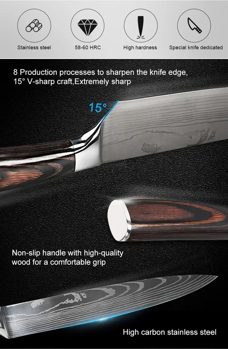 Damascus Kitchen Knife Set — Japanese Santoku, Cleaver, Slicing & Boning Knives
