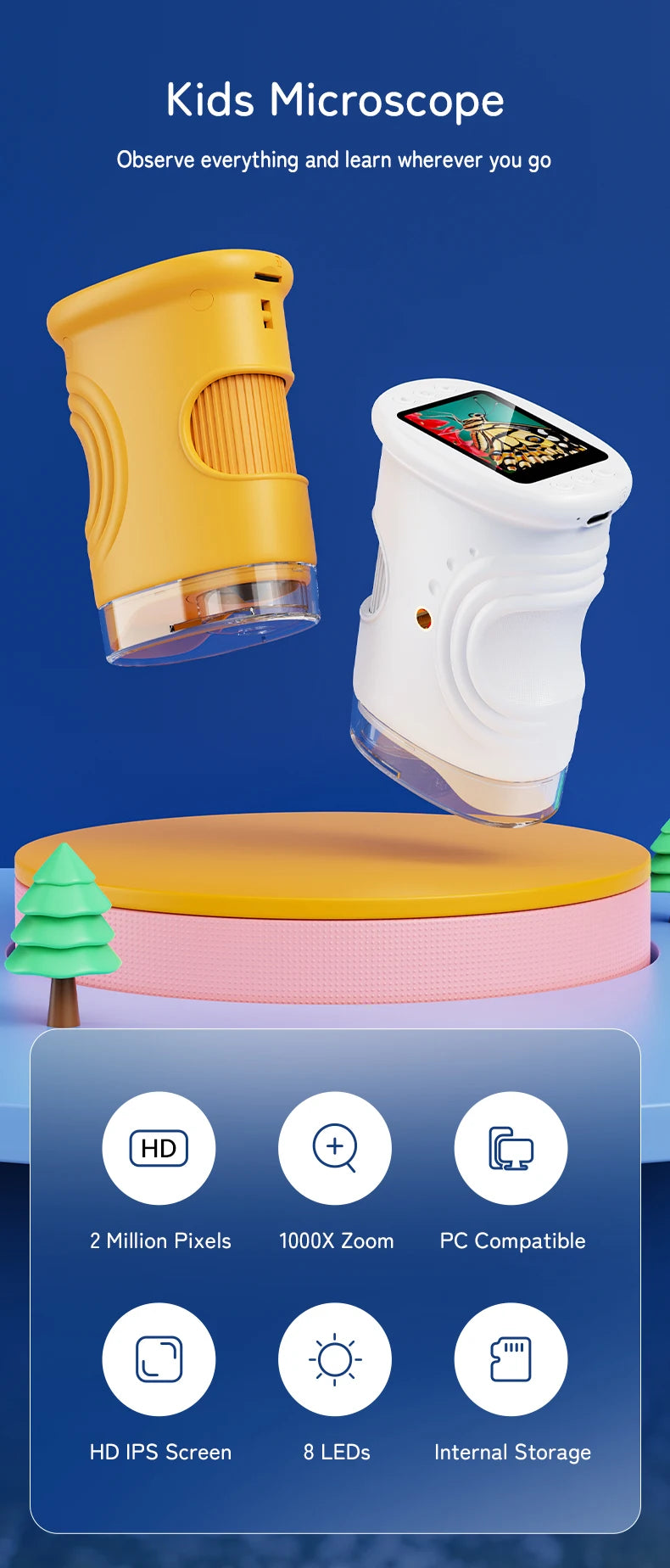 1000X Handheld Digital Microscope for Kids — 2" HD Screen, Rechargeable, Portable STEM Gift