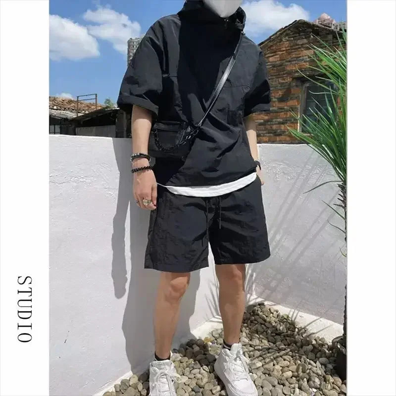 Men's Cargo Style Hooded T-Shirt & Shorts Set – Solid Loose Fashion Casual Sweatshirt Suit