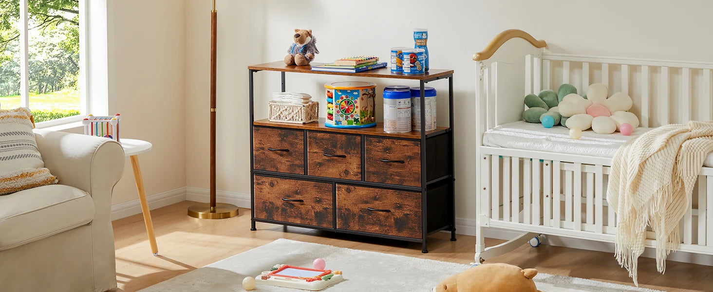 Fireplace TV Stand Dresser with 5 Fabric Drawers — Bedroom Storage Cabinet for 45" TVs