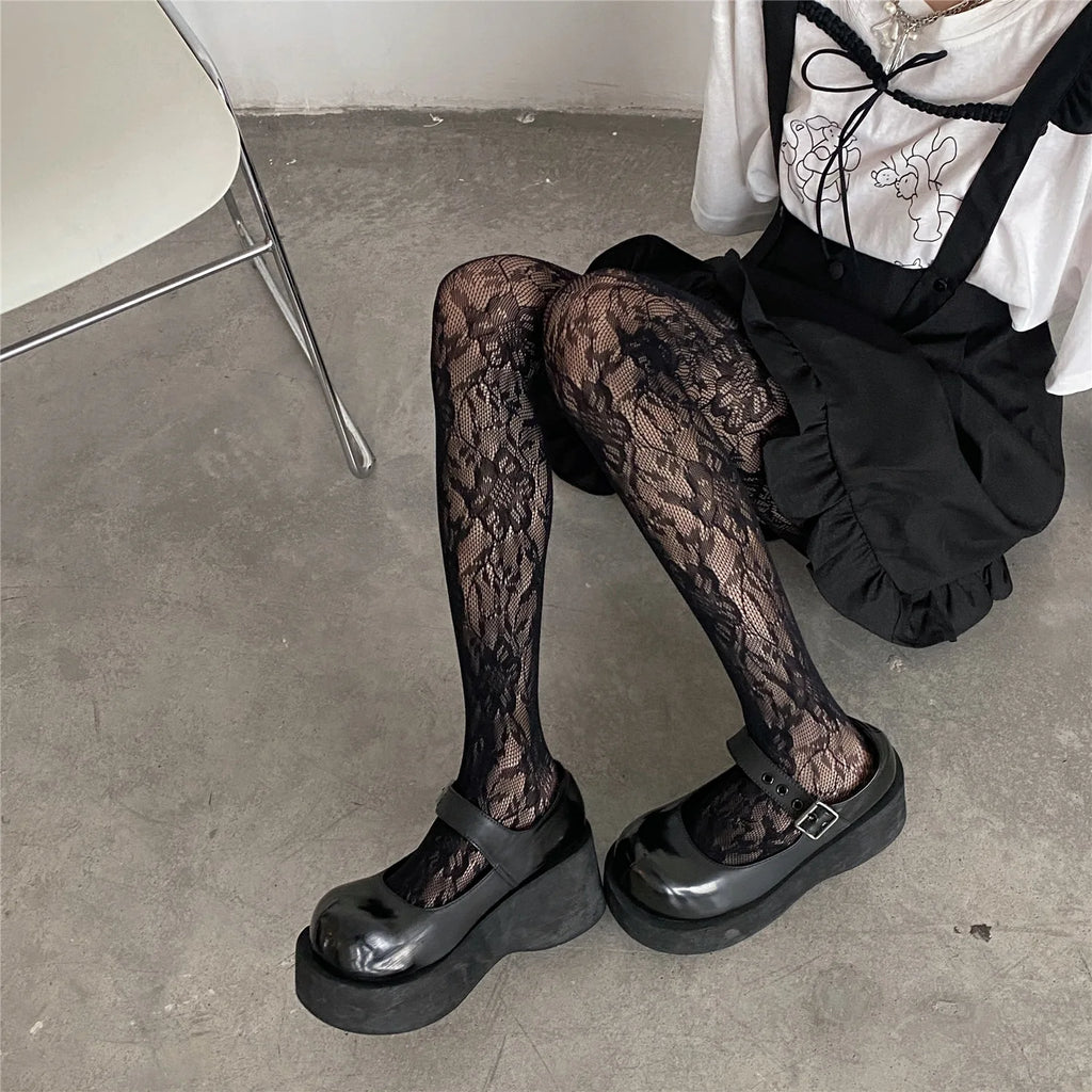 Lolita Floral Thigh-High Fishnet Stockings — Sheer Patterned Hosiery