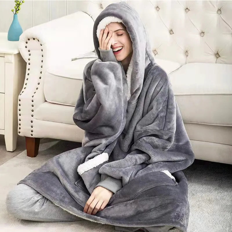 Super Long Flannel Blanket Hoodie – 180cm Oversized Fleece Sweatshirt with Sleeves for Women & Men
