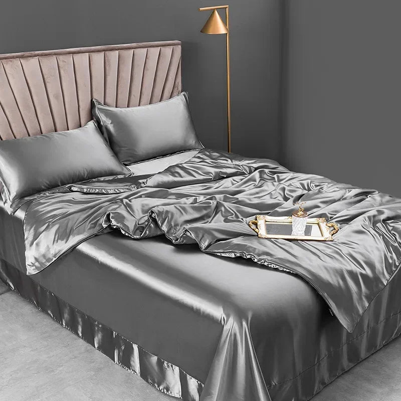 Silky Rayon Bedding Set – Luxury Solid Color Duvet Cover with Sheet & Pillowcases, 6 Colors & 5 Sizes
