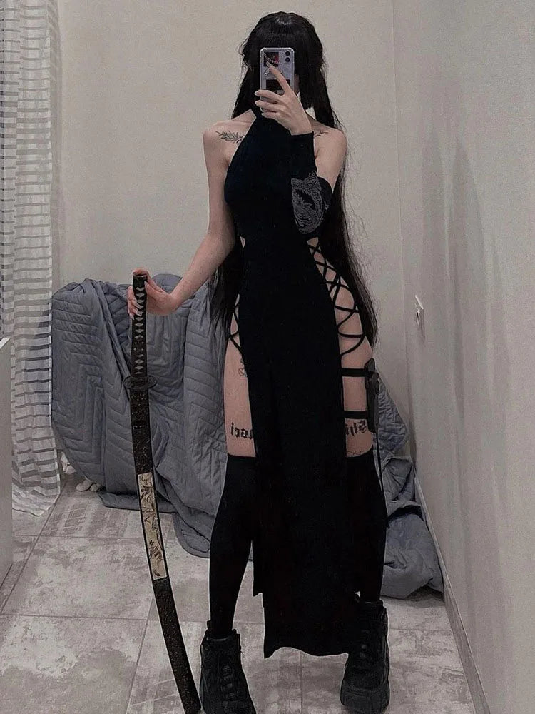 Gothic Halter Bandage Midi Dress — High Split Sexy Alt Partywear