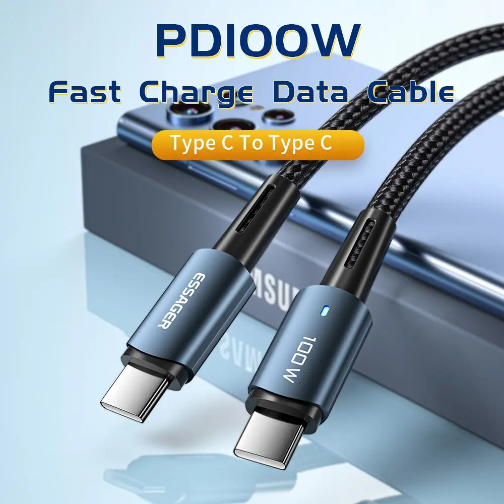 Fast Charge Everything. — Essager PD 100W/60W USB-C to USB-C Fast Charging Cable | 0.25m, 1m, 2m & 3m, Xiaomi, Samsung, Huawei, MacBook, iPad, Black, Blue & Brown