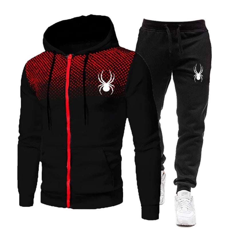 Men's Spider Print Zip-Up Hoodie & Stretch Jogger Pants Fitness Suit