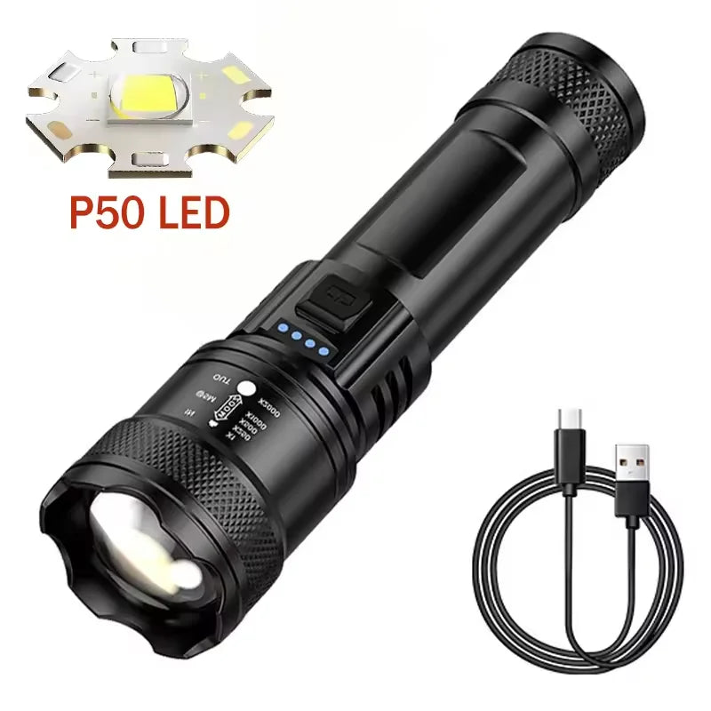COB+XPE Mini Zoomable Flashlight – 350 Lumen, 3-Mode, USB Rechargeable, Pen Clip, Waterproof Camping Torch