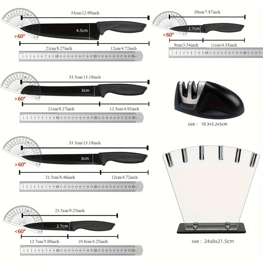 7-Piece Black Professional Chef Knife Set with Acrylic Holder – High Carbon Stainless Steel, Non-Stick Blades