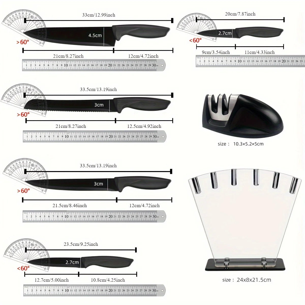 7-Piece Black Professional Chef Knife Set with Acrylic Holder – High Carbon Stainless Steel, Non-Stick Blades