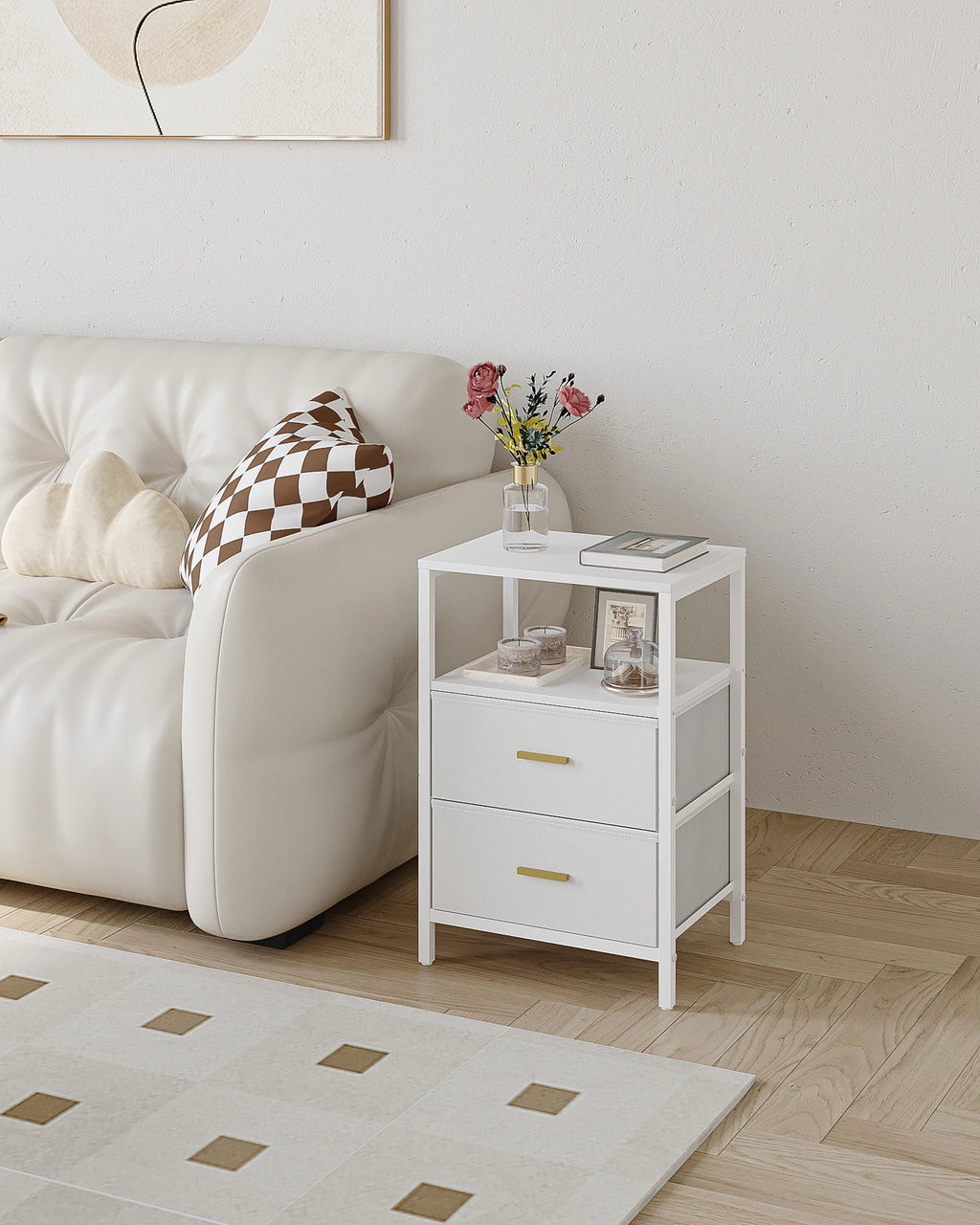 Bedside Table set of 2, Side Table with 2 Storage Drawers, Open Compartment, Coffee Table, Bedside Table Bedroom, White