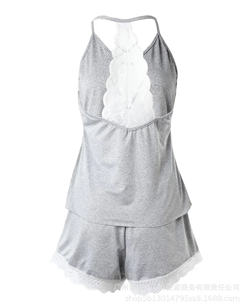 Solid Lace Backless Pajama Set — Sleeveless V-Neck 2-Piece Sleepwear