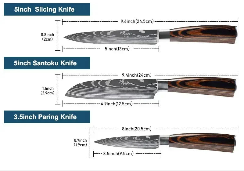 Damascus Kitchen Knife Set — Japanese Santoku, Cleaver, Slicing & Boning Knives