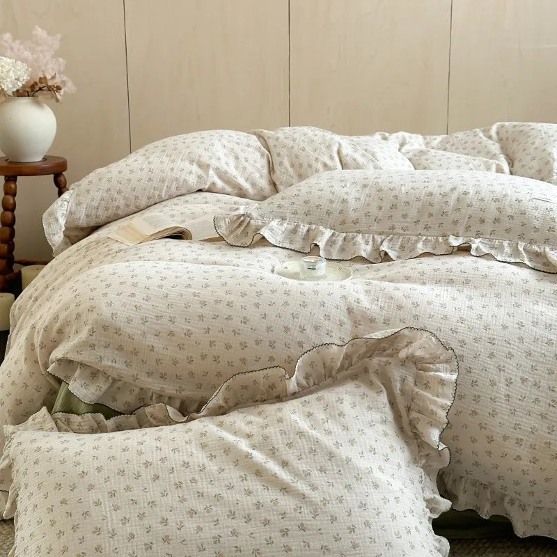 Princess Ruffle Bedding Set – 100% Cotton Gauze Duvet Cover with Pillowcases, Floral, 3-Piece