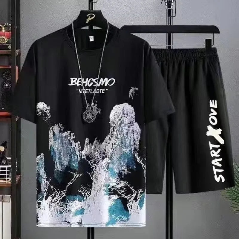 Men's Manga Graffiti Print T-Shirt & Shorts Set – Breathable Summer Leisure 2-Piece