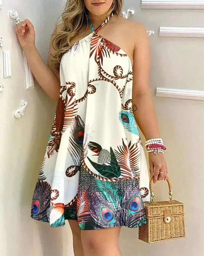 Floral Print Halter Neck Backless Boho Dress – Spring & Summer Women's Casual Dress