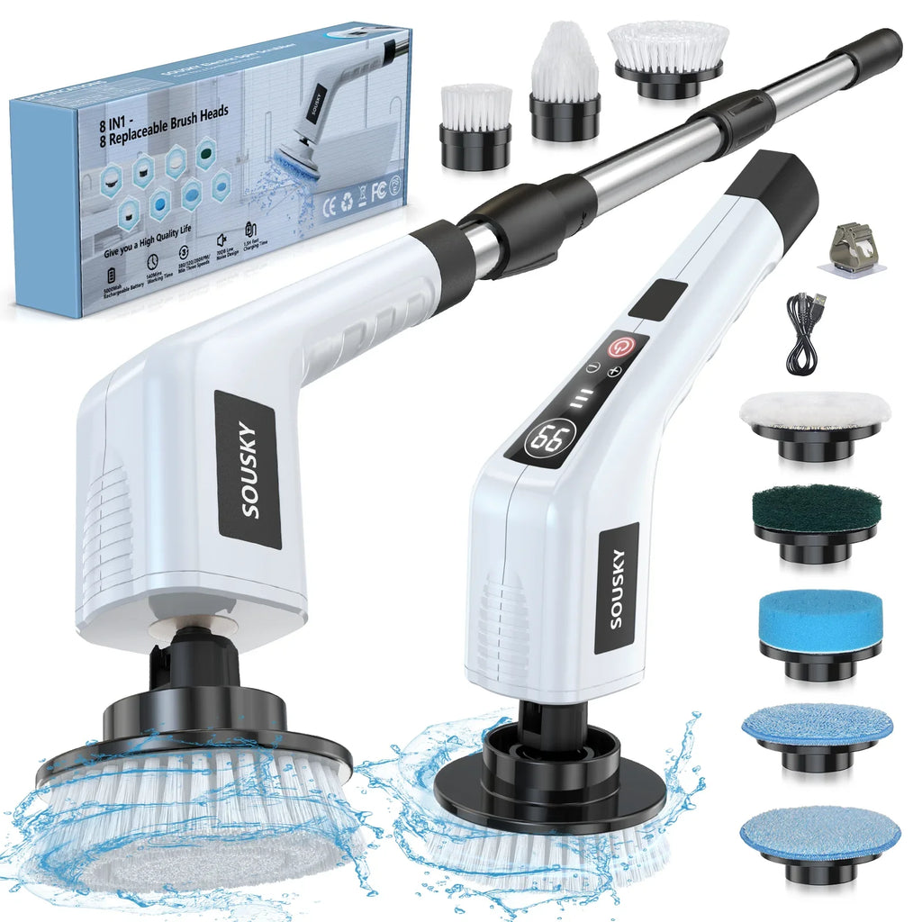 Electric Cleaning Brush – 8-in-1 Cordless Handheld Spin Scrubber with LED Display for Bathroom & Kitchen