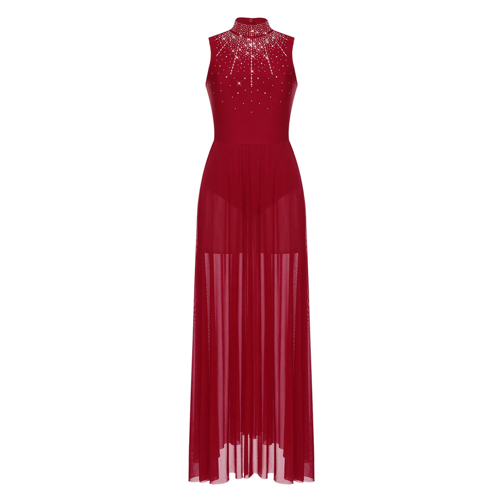 Rhinestone Maxi Sleeveless Contemporary Dance Dress — Mock Neck Wide Hemline Lyrical Leotard