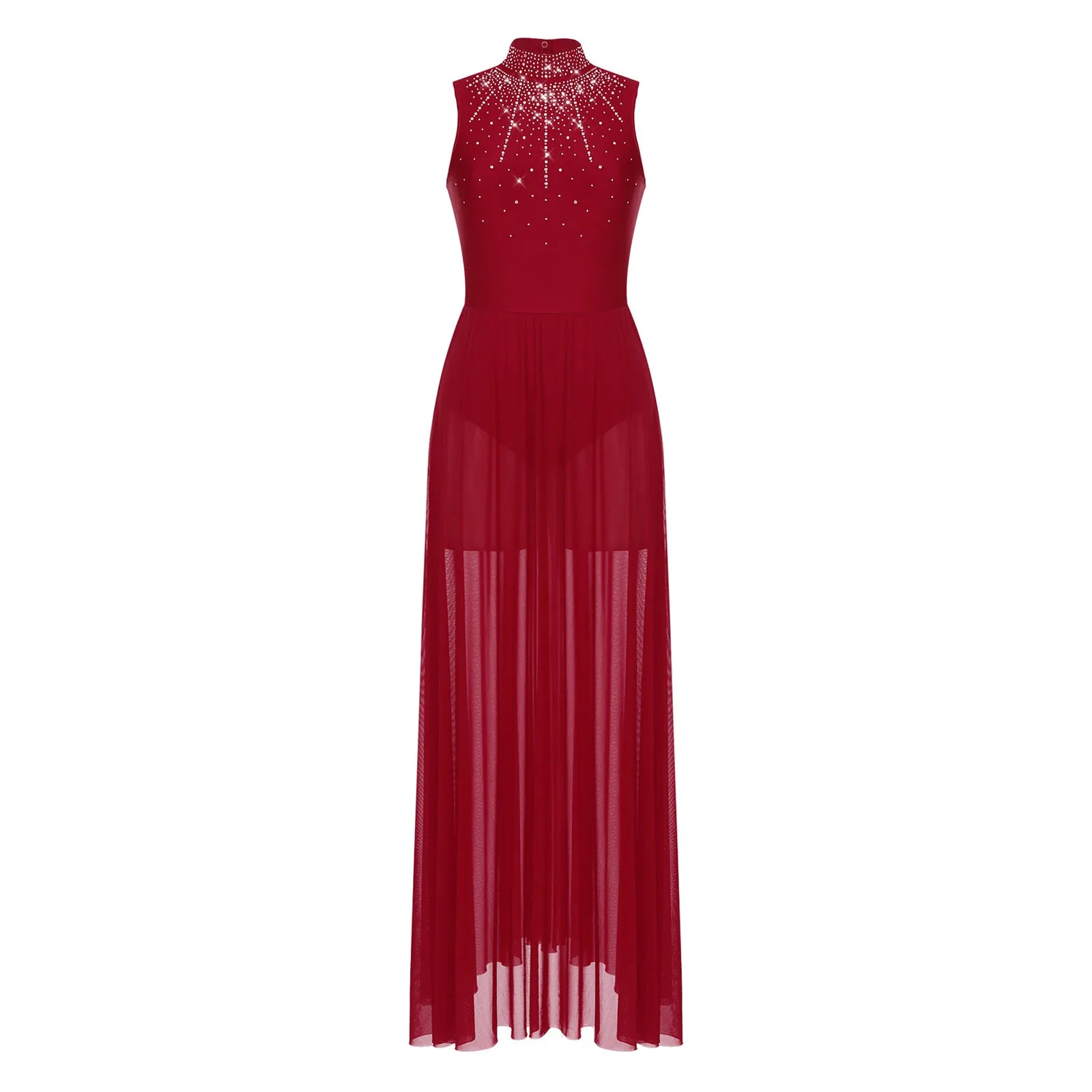 Rhinestone Maxi Sleeveless Contemporary Dance Dress — Mock Neck Wide Hemline Lyrical Leotard