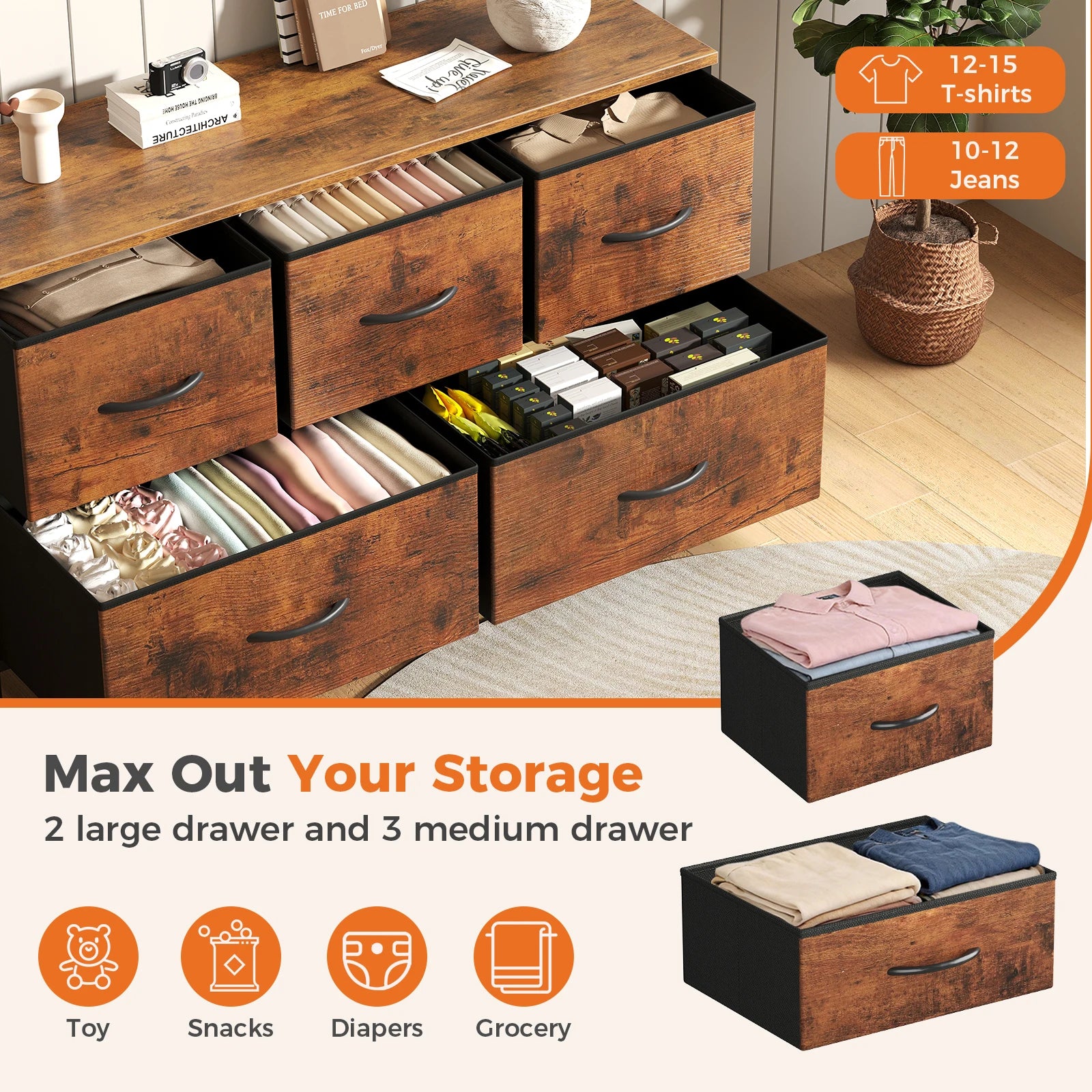 5-Drawer Fabric Dresser with Wooden Top & Metal Frame — Bedroom & Living Room Storage