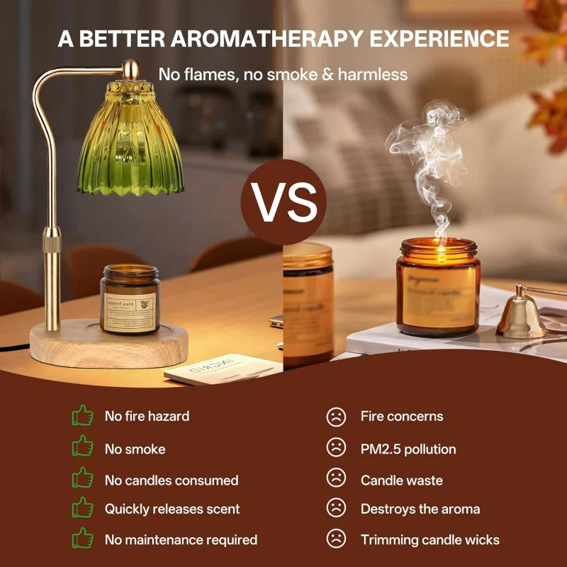 Retro Candle Warmer Lamp with Wood Base and Glass Shade