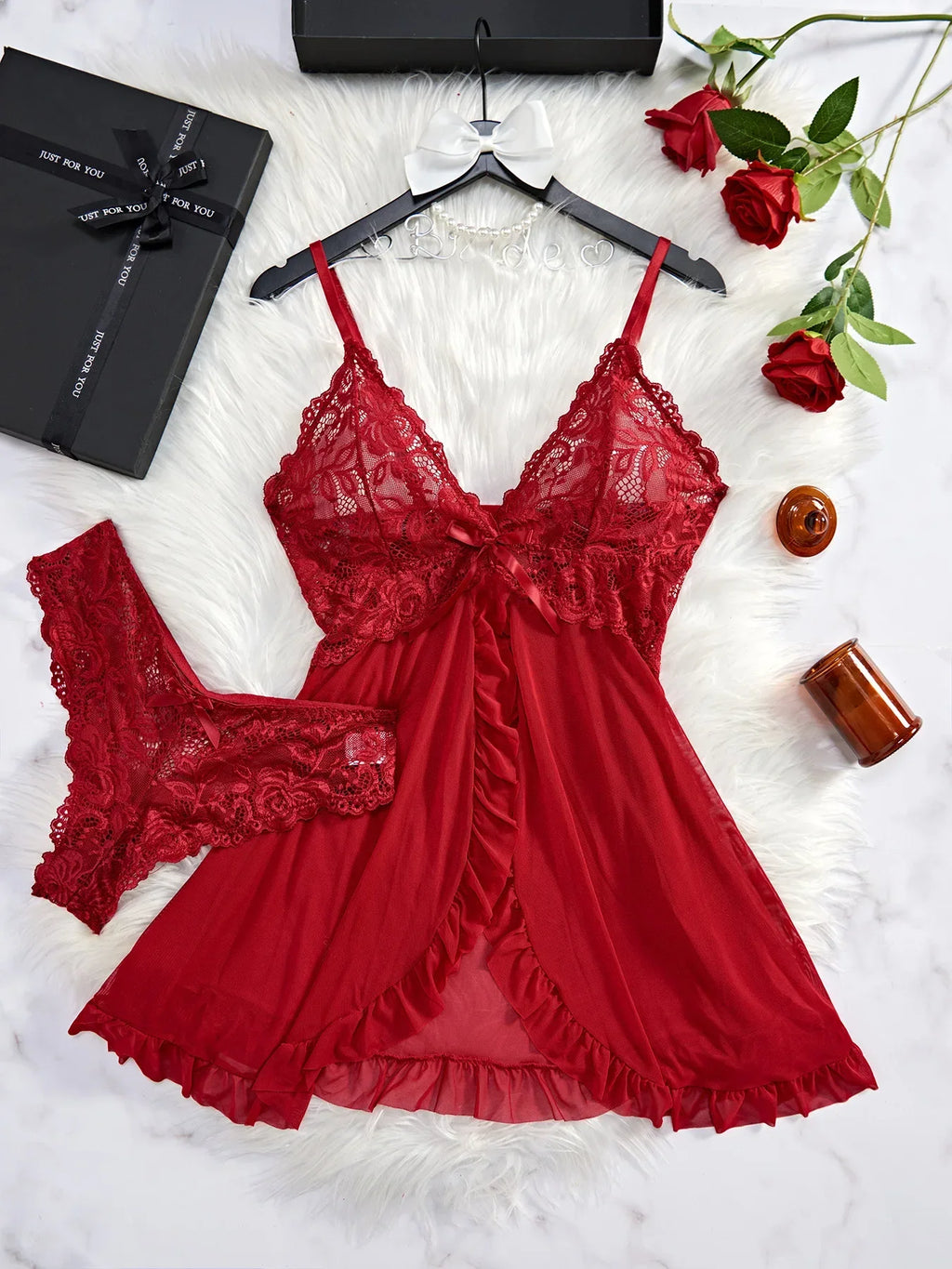 Lace Bra & Slip Nightdress Set — Wire-Free Sexy Sleepwear