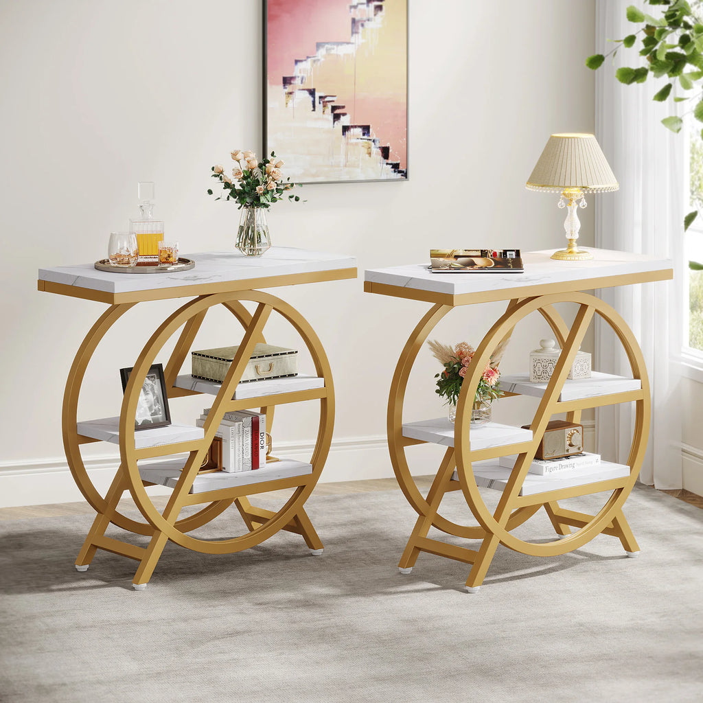 Tribesigns 3-Tier Narrow Side Table — Wood & Geometric Metal Frame