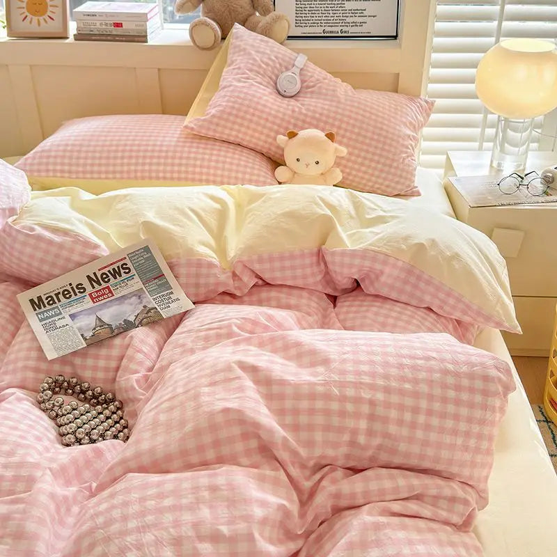 Pink Classic Plaid Duvet Cover Set | Twin & Queen, Flat Sheet & Pillowcase, Soft Home Decor Bedding (No Filler)