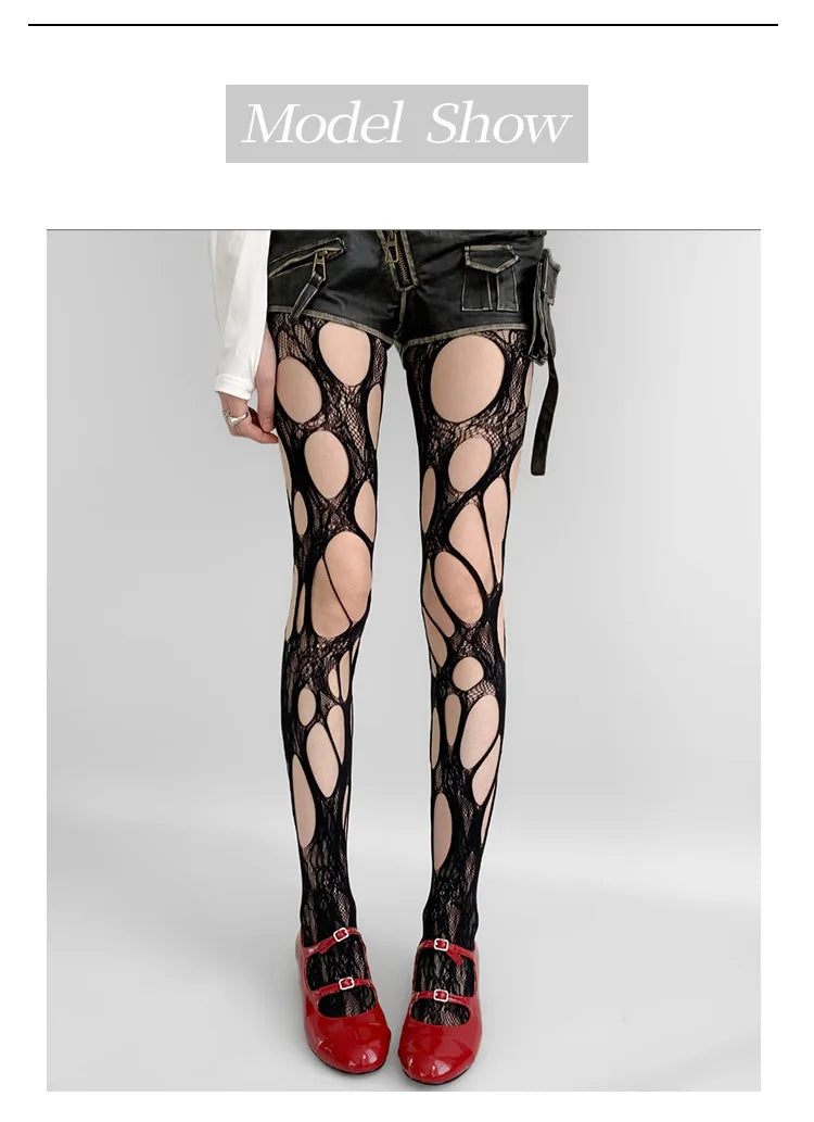 Gothic Fishnet Pantyhose – Ripped Lace Silk Stockings Y2K Punk Hollowed-Out Retro Tights