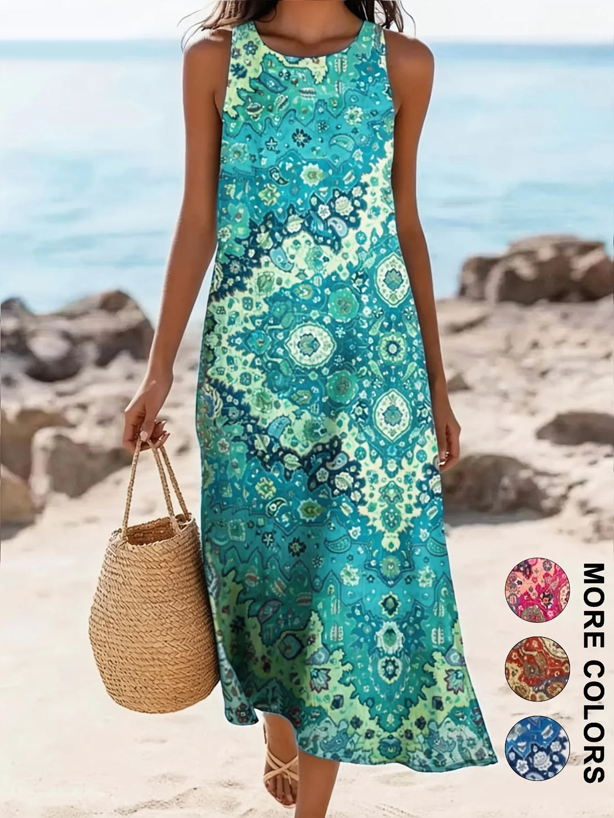 Women's Bohemian Floral Sleeveless MIDI Sundress with Pockets – Loose Sweetheart Beach Dress 2026